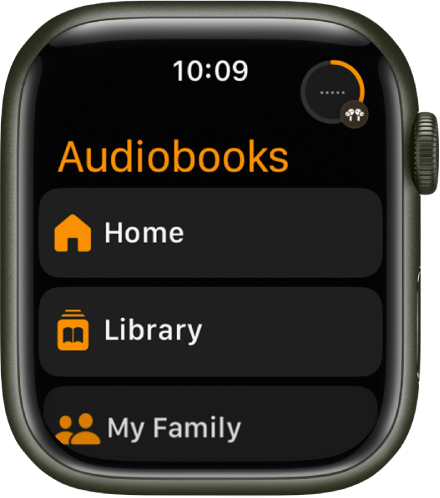 Programoje „Audiobooks“ rodomi mygtukai „Home“, „Library“ ir „My Family“.