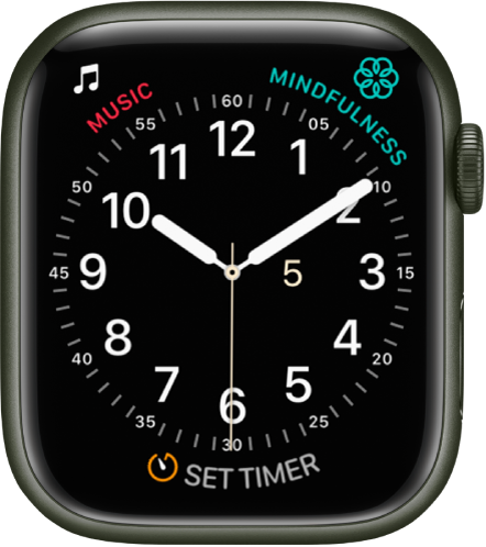 Laikrodžio ciferblatas „Utility“, kuriame galite koreguoti sekundžių rodyklės spalvą ir ciferblato skaitmenis bei vaizdo detalumą. Rodomi trys valdikliai „Music“ yra viršuje kairėje, „Mindfulness“ yra viršuje dešinėje, o „Timer“ – apačioje.