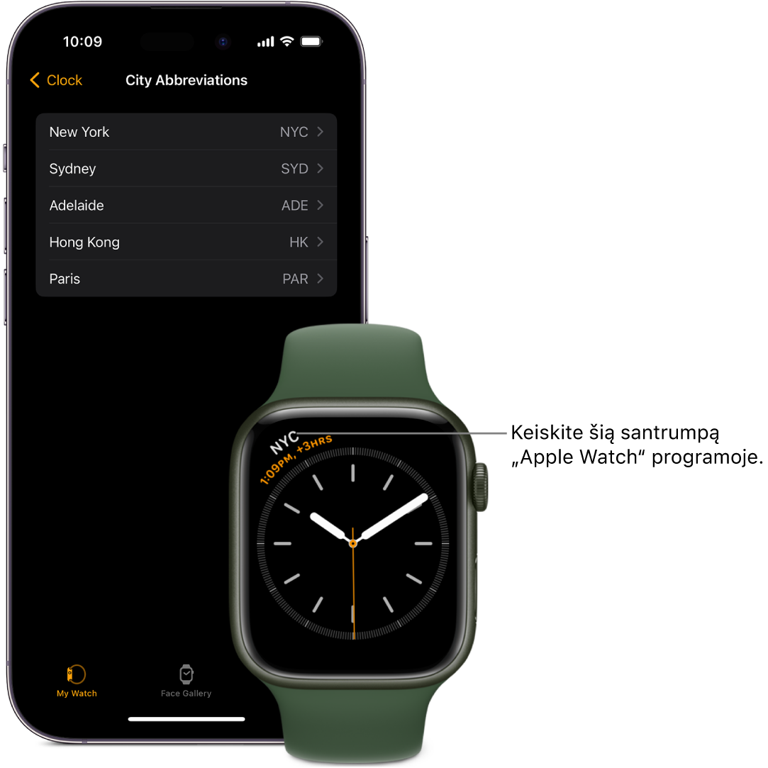 Vienas šalia kito padėti „iPhone“ ir „Apple Watch“. „Apple Watch“ ekrane rodomas laikas Niujorke (rodoma jo pavadinimo santrumpa – NYC). „iPhone“ ekrane rodomas miestų sąrašas (programos „Apple Watch“ funkcijos „Clock“ nustatymų rodinyje).
