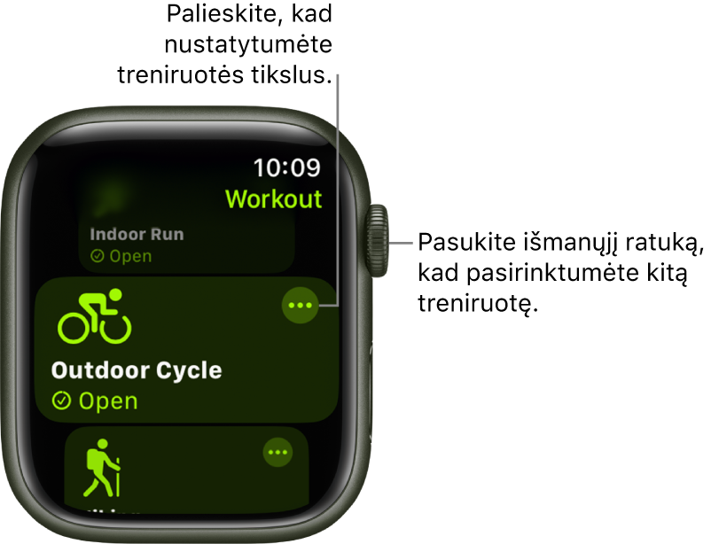 „Workout“ ekranas, kuriame pažymėta treniruotė „Outdoor Cycle“. Treniruotės plytelės viršuje dešinėje pateiktas mygtukas „More“.