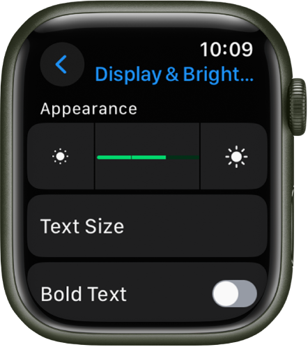 „Apple Watch“ ekrano ir ryškumo nustatymai, „Brightness“ slankiklis pateiktas viršuje, o mygtukas „Text Size“ pateiktas žemiau.