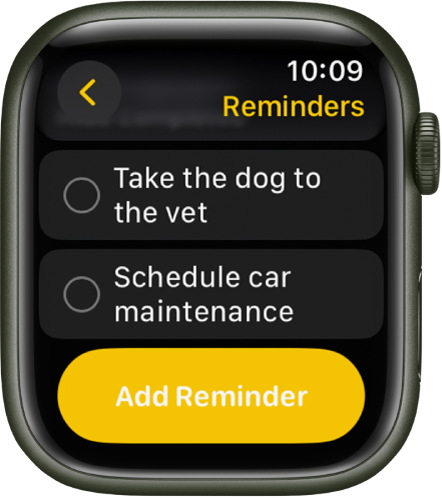 Programėlėje „Reminders“ rodomi du priminimai. Priminimas pateiktas ekrano viršuje, o žemiau – mygtukas „Add Reminder“.