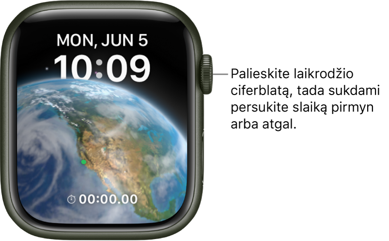 Laikrodžio ciferblatas „Astronomy“, kuriame rodomi diena, data ir esamas laikas. Laikmačio valdiklis pateiktas apačioje. Palieskite laikrodžio ciferblatą, tada pasukite „Digital Crown“, kad persuktumėte laiką pirmyn arba atgal.