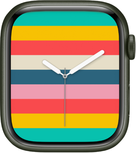 Laikrodžio ciferblatas „Stripes“ rodo horizontalias kelių spalvų juostas.