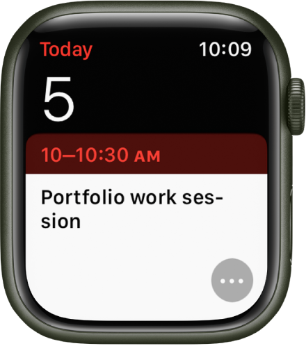 Kalendoriaus ekranas, kuriame rodomas įvykis, adata, laikas ir pavadinimas. Apačioje dešinėje pateiktas mygtukas „More“.