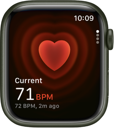 Programa „Heart Rate“, esamas širdies ritmas rodomas apačioje kairėje, vėliausias matavimas rodomas žemiau mažesniu šriftu.