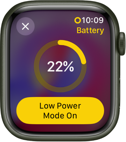 „Low Power Mode“ ekranas su daliniu geltonu žiedu, nurodančiu likusį įkrovimą. 22 proc. yra viduryje žiedo. „Lower Power Mode One“ mygtukas yra apačioje. Viršuje kairėje pateiktas mygtukas „Close“.