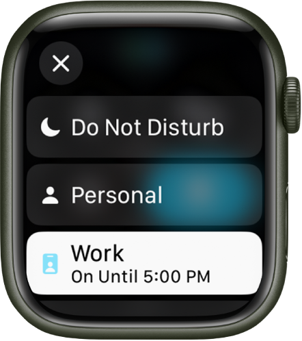 Sąraše „Focus“ rodoma „Do Not Disturb“, „Personal“ ir„Work“. Aktyvi funkcija „Work Focus“.