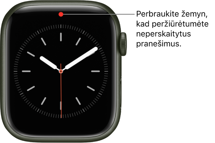 Raudonas taškas laikrodžio ciferblato viršuje centre nurodo neperskaitytą pranešimą.
