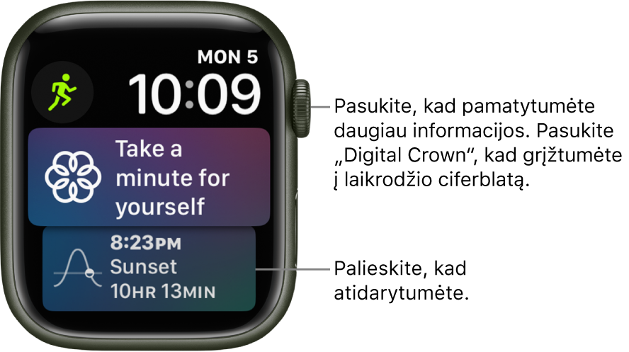 Laikrodžio ciferblatas „Siri“, viršuje dešinėje rodomi data ir laikas. Viršuje kairėje pateiktas „Workout“ valdiklis. Žemiau – valdiklis „Mindfulness“. Apačioje pateiktas „Sunrise/Sunset“ valdiklis.