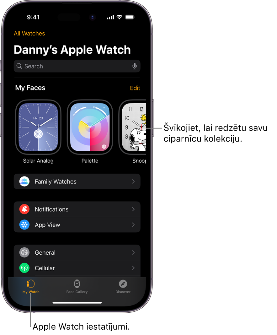 iPhone tālrunī atvērts lietotnes Apple Watch ekrāns My Watch, kura augšdaļā redzamas ciparnīcas, bet zemāk atrodas iestatījumi. Apple Watch lietotnes ekrāna apakšdaļā ir trīs cilnes: cilne pa kreisi ir My Watch, kurā piekļūst Apple Watch iestatījumiem; tālāk atrodas Face Gallery, kur varat skatīt pieejamās ciparnīcas un papildinājumus; un cilne Discover, kurā varat uzzināt vairāk par Apple Watch pulksteni.