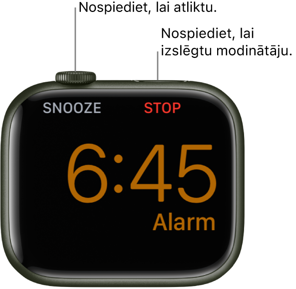 Uz sāna novietots Apple Watch pulkstenis, kura ekrānā redzams aktīvs modinātājs. Zem Digital Crown galviņas ir uzraksts “Snooze”. Zem sānu pogas ir uzraksts “Stop".