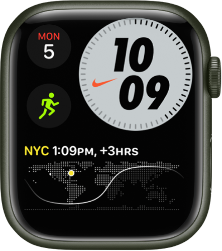 Ciparnīca Nike Compact ar dienu un datumu augšējā kreisajā stūrī, laiku augšējā labajā stūrī, papildinājumu Workout vidū pa kreisi un papildinājumu World Clock.