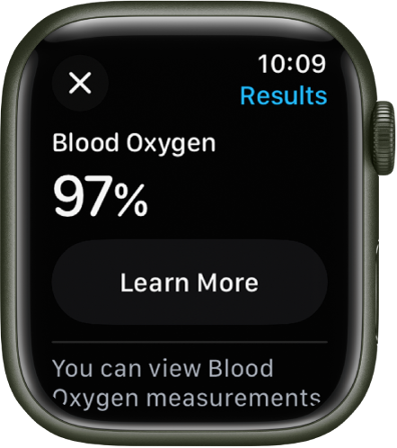 Lietotnes Blood Oxygen rezultātu ekrānā ir redzams, ka skābekļa piesātinājuma līmenis asinīs ir 97 procenti. Apakšdaļā atrodas poga Learn More.