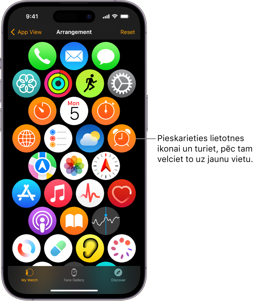Lietotnes Apple Watch ekrāns Arrangement, kurā redzams ikonu režģis.