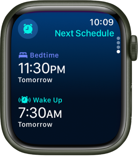 Lietotne Sleep Apple Watch pulkstenī, kurā redzams vakara miega grafiks. Augšā tiek rādīts gulētiešanas laiks, zem tā redzams Wake Up laiks.