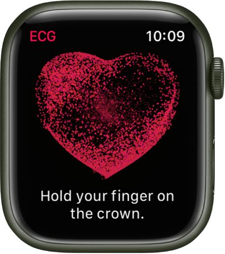ECG lietotnē redzams sirds attēls ar vārdiem "Turiet pirkstu uz Crown galviņas".