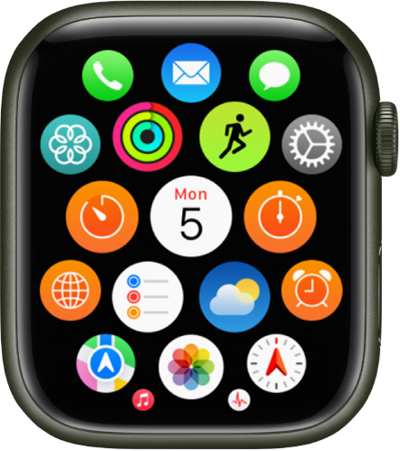 Apple Watch sākuma ekrāns režģa skatā; lietotnes ir izkārtotas klasterī. Lai atvērtu lietotni, pieskarieties tās ikonai. Groziet Digital Crown galviņu, lai redzētu vairāk lietotņu.
