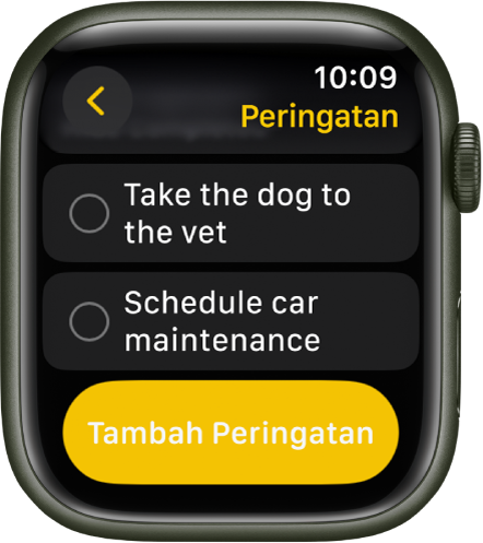 App Peringatan menunjukkan dua peringatan. Peringatan berada berhampiran bahagian atas skrin dan butang Tambah Peringatan di bahagian bawah.