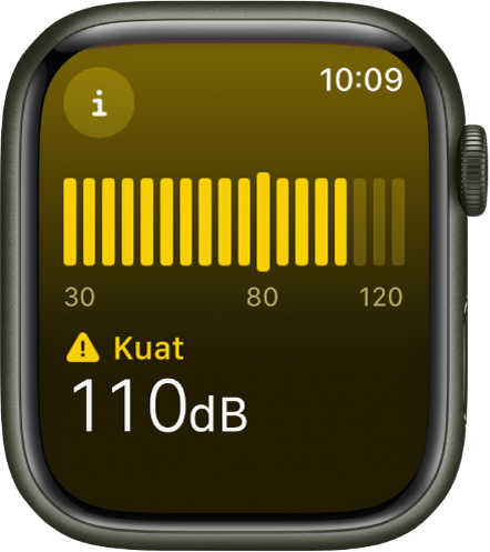App Bunyi menunjukkan paras bunyi 110 desibel dengan perkataan “Kuat” di atas. Meter bunyi kelihatan di bahagian tengah skrin.