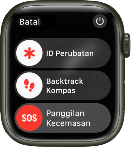 Skrin Apple Watch menunjukkan tiga gelangsar: Backtrack Kompas ID Perubatan dan Panggilan Kecemasan. Butang Kuasa berada di bahagian kanan atas.
