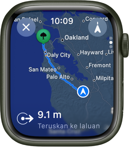 App Peta menunjukkan peta gambaran keseluruhan arah memandu. Peringkat pertama perjalanan ditunjukkan di bahagian bawah.
