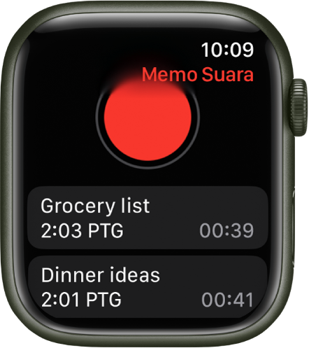 Apple Watch menunjukkan skrin Memo Suara. Butang Rakam merah kelihatan berhampiran bahagian atas. Dua memo yang dirakam kelihatan di bawah. Memo memaparkan masa memo dirakam dan panjangnya.