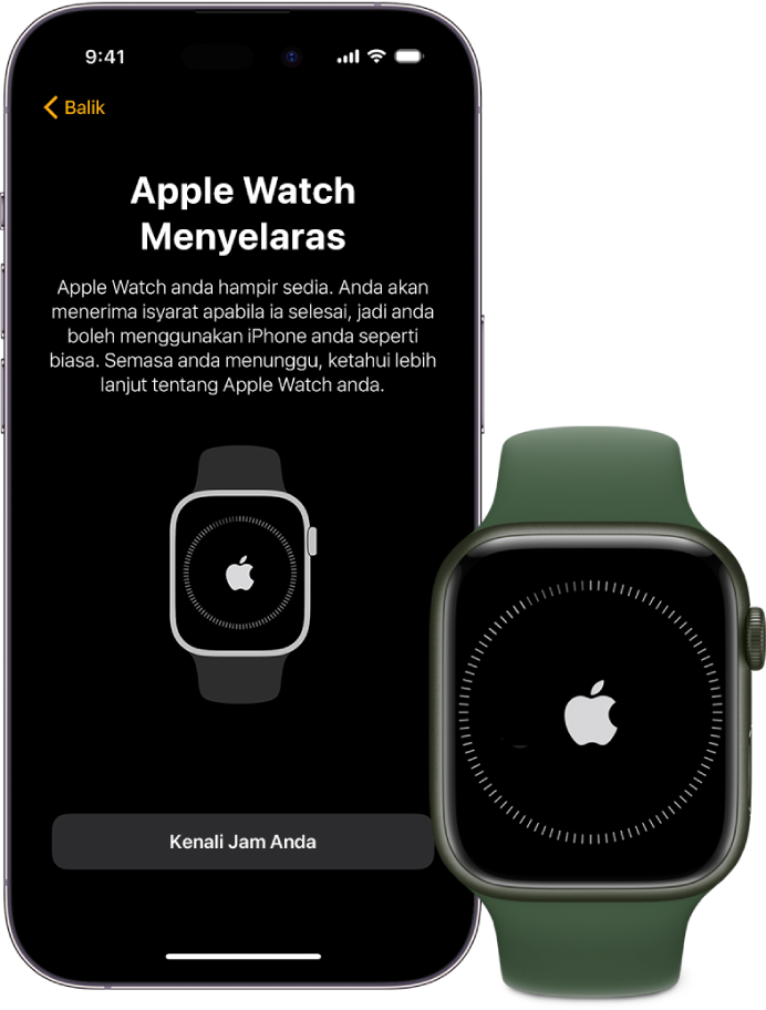 iPhone dan Apple Watch, bersebelahan. Skrin iPhone menunjukkan “Apple Watch sedang diselaraskan”. Apple Watch menunjukkan kemajuan penyelarasan.