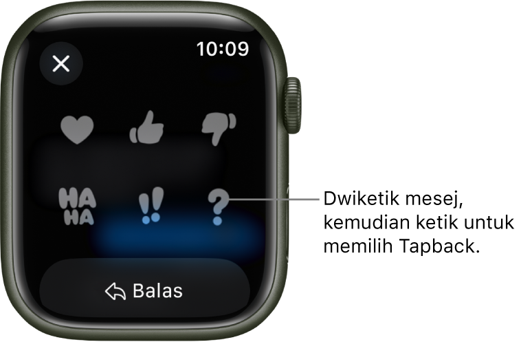 Perbualan Mesej dengan pilihan Tapback: hati, ibu jari atas, ibu jari bawah, Ha Ha, !! dan ?. Butang Balas berada di bawah.