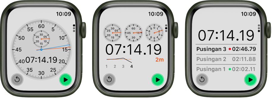 Tiga jenis jam randik dalam app Jam Randik: Jam randik analog, jam randik hibrid yang menunjukkan masa dalam bentuk analog dan digital, serta jam randik digital dengan pengira pusingan. Setiap jam mempunyai butang mula dan reset.