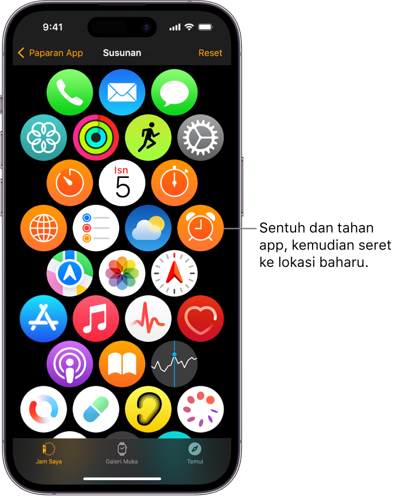 Skrin Susunan dalam app Apple Watch menunjukkan grid ikon.