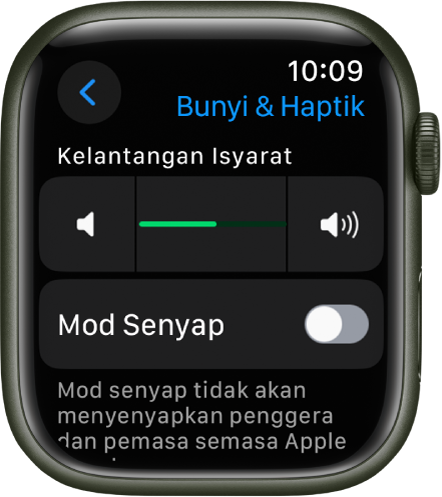 Seting Bunyi & Haptik pada Apple Watch, dengan gelangsar Kelantangan Isyarat di bahagian atas dan suis Mod Senyap di bawahnya.