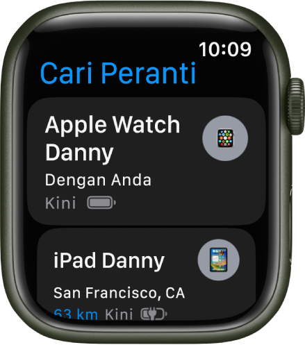 App Cari Peranti menunjukkan dua peranti—Apple Watch dan iPad.