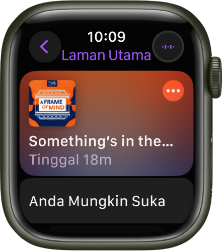 App Podcast pada Apple Watch menunjukkan skrin Laman Utama dengan karya seni podcast. Ketik karya seni untuk memainkan episod.