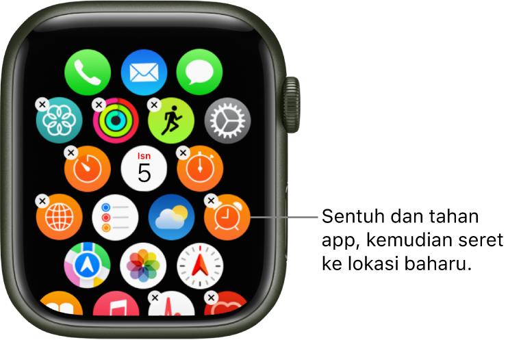 Skrin Utama Apple Watch dalam paparan grid.