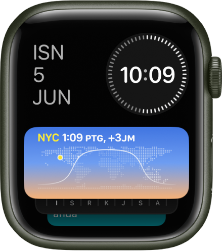 Tindanan Pintar pada Apple Watch menunjukkan tiga widget: Hari dan tarikh di bahagian kiri atas, masa digital di bahagian kanan atas dan Jam Dunia di bahagian tengah.