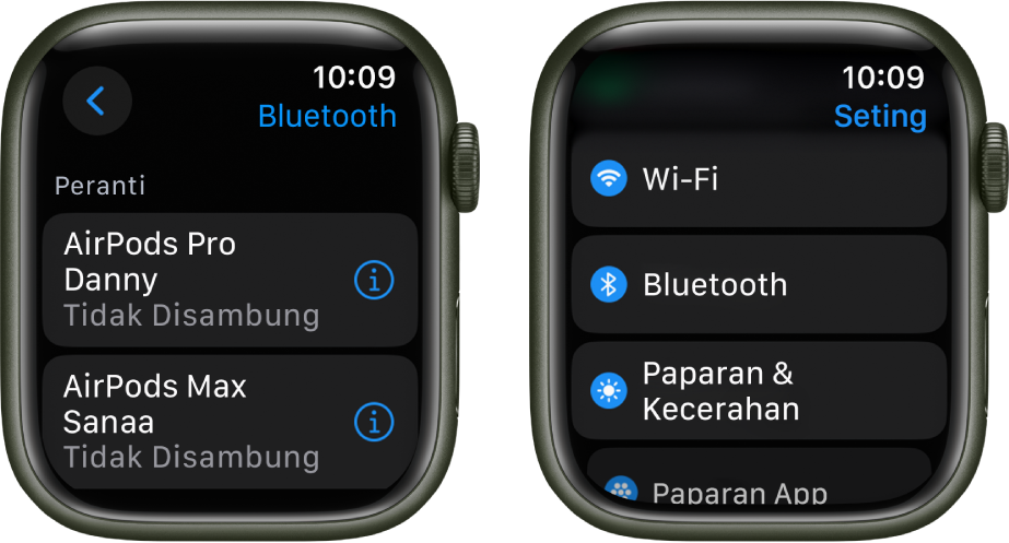 Dua skrin bersebelahan. Pada sebelah kiri ialah skrin yang menyenaraikan dua peranti Bluetooth tersedia: AirPods Pro dan AirPods Max, kedua-duanya tidak bersambung. Di sebelah kanan ialah skrin Seting, menunjukkan butang Wi-Fi, Bluetooth, Paparan & Kecerahan serta Paparan App dalam senarai.