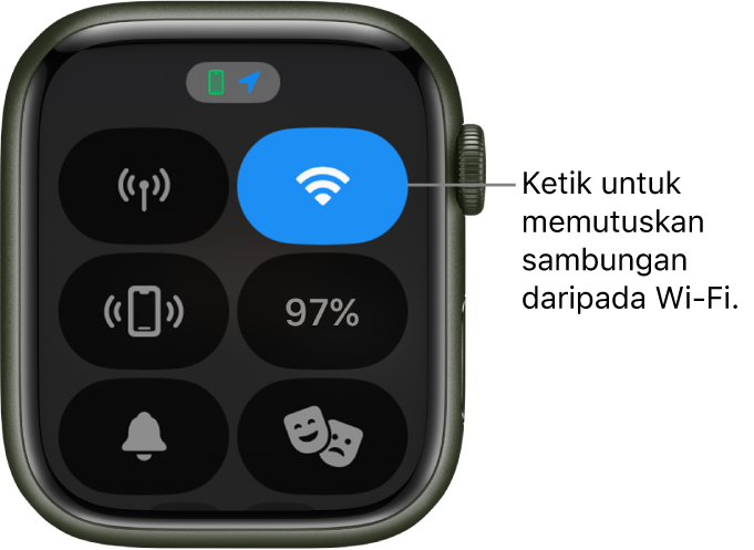 Pusat Kawalan pada Apple Watch (GPS + Cellular), dengan butang Wi-Fi di bahagian kanan atas. Petak bual menunjukkan “Ketik untuk memutuskan sambungan daripada Wi-Fi.”