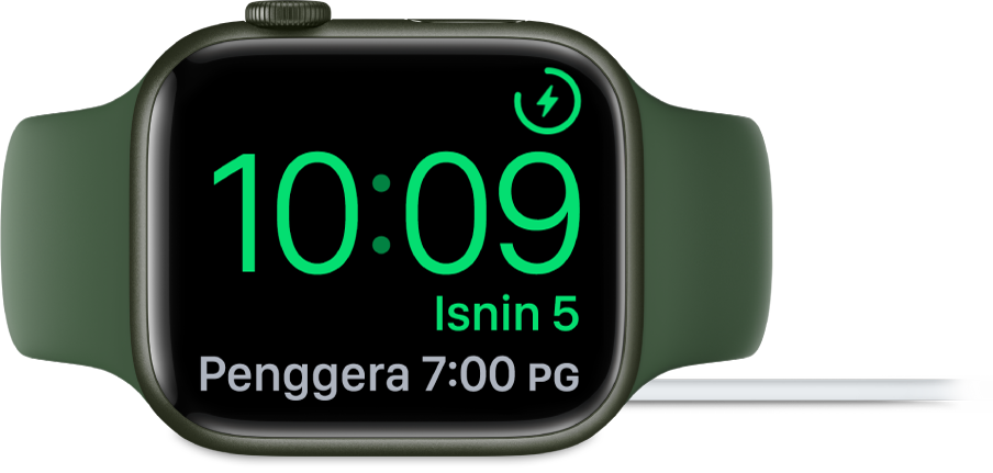 Apple Watch diletakkan di sisi dan bersambung ke pengecas, dengan skrin menunjukkan simbol mengecas di penjuru atas kanan, masa semasa di bawahnya dan penggera di sebelahnya.