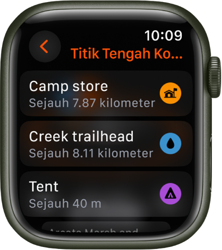 App Kompas menunjukkan senarai titik tengah.