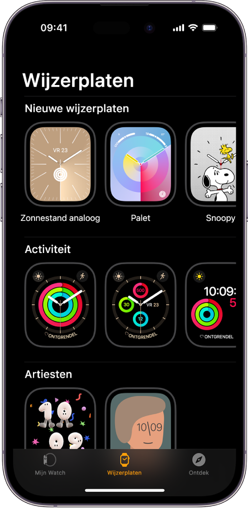 Apple Watch-app met geopende wijzerplaatgalerie. In de bovenste rij staan de nieuwe wijzerplaten en in de rijen daaronder staan de wijzerplaten gegroepeerd op type, bijvoorbeeld 'Activiteit' of 'Artiesten'. Je kunt scrollen om meer wijzerplaten op type te bekijken.