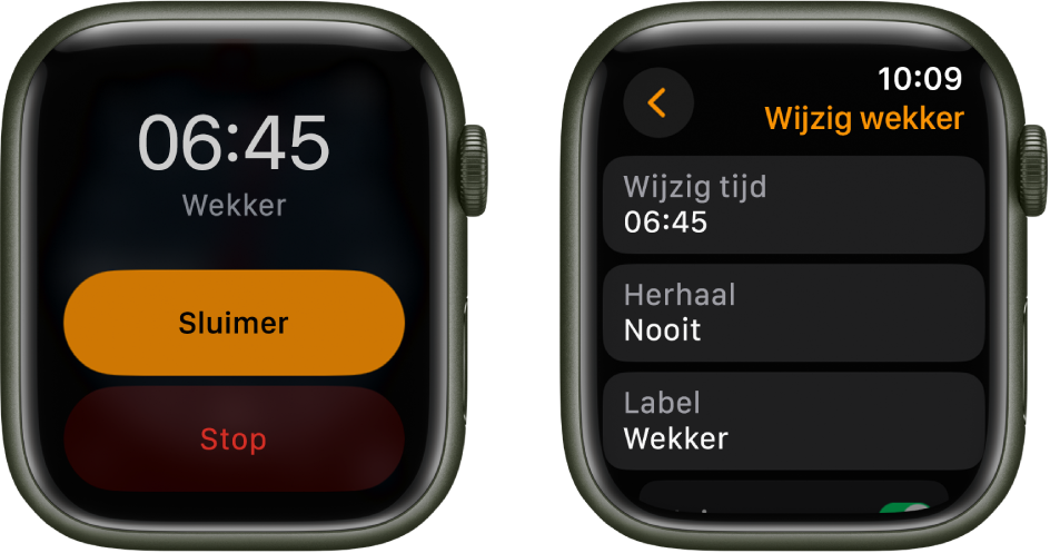 Twee Apple Watch-schermen: Het ene scherm toont een wijzerplaat met de knoppen 'Sluimer' en 'Stop' en het andere scherm toont opties om de instellingen van de wekker te wijzigen, met daaronder de knoppen 'Wijzig tijd', 'Herhaal' en 'Label'. Onderin bevindt zich een sluimerschakelaar.