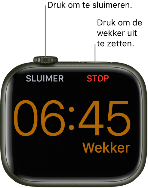Een Apple Watch op zijn kant, met in het scherm een wekker die afgaat. Onder de Digital Crown staat het woord 'Sluimer'. Onder de zijknop staat het woord 'Stop'.