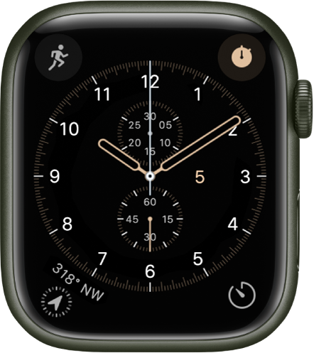 De wijzerplaat Chronograaf, waarvan je de wijzerplaatkleur en het detailniveau van de klok kunt aanpassen. Er worden vier complicaties weergegeven: linksboven Work-out, rechtsboven Stopwatch, linksonder Kompas en rechtsonder Timer.