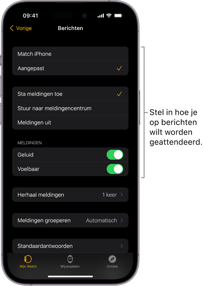 Instellingen voor berichten in de Apple Watch-app op de iPhone. Je kunt instellen of meldingen moeten worden getoond, een geluidssignaal of voelbaar signaal inschakelen en meldingen herhalen.