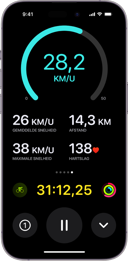 Een fietswork‑out weergegeven als live activiteit op de iPhone met de snelheid, de gemiddelde snelheid, de afgelegde afstand, de maximumsnelheid, de hartslag en de totale verstreken tijd.