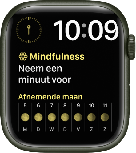 De wijzerplaat Modulair Duo, met rechtsbovenin een digitale klok en drie complicaties: linksboven Kompas, in het midden Mindfulness en onderin Maanstand.