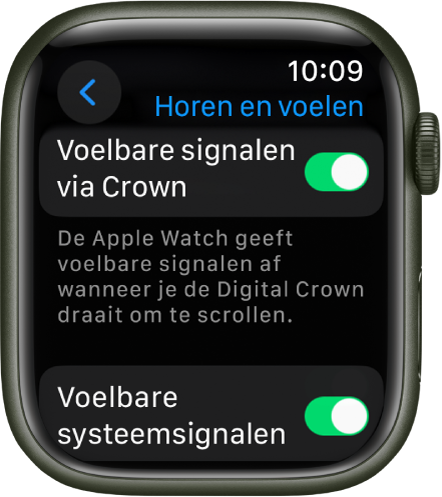 Het scherm 'Voelbare signalen via Crown', met de schakelaar 'Voelbare signalen via Crown' ingeschakeld. Daaronder staat de schakelaar 'Voelbare systeemsignalen'.