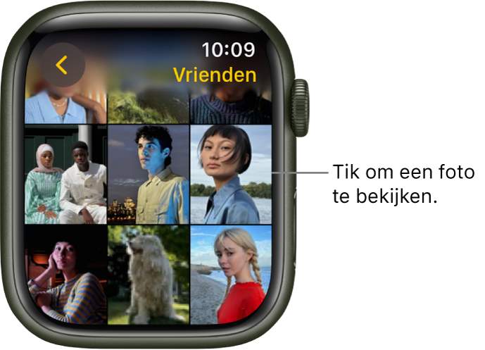 Het hoofdscherm van de Foto's-app op de Apple Watch, met verschillende foto's in een raster.