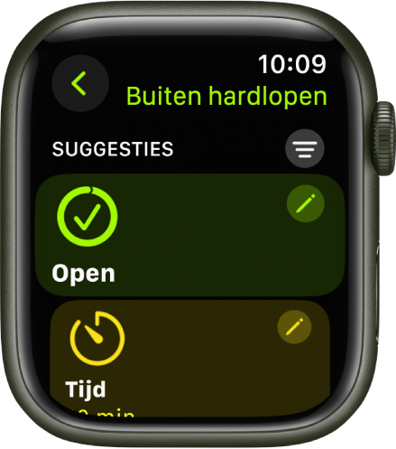 De Work-out-app, met een scherm voor het wijzigen van de work-out 'Buiten hardlopen'. De tegel 'Open' staat in het midden en de knop 'Wijzig' staat rechtsbovenin. Onderin is een deel van de tegel 'Tijd' te zien.